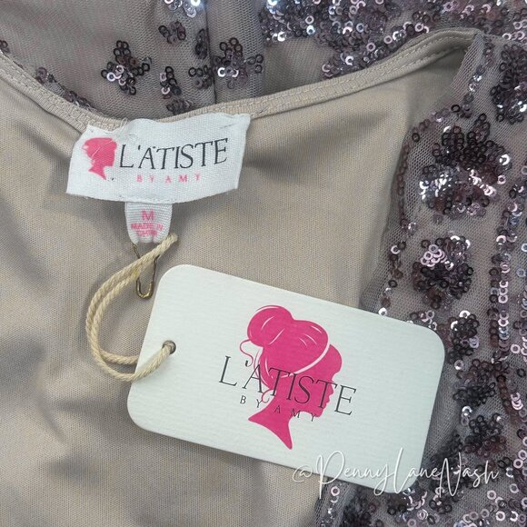 NWT L'Atiste Sheer Sleeve Sequined Deep V Neck Romper Lvander - Picture 14 of 14